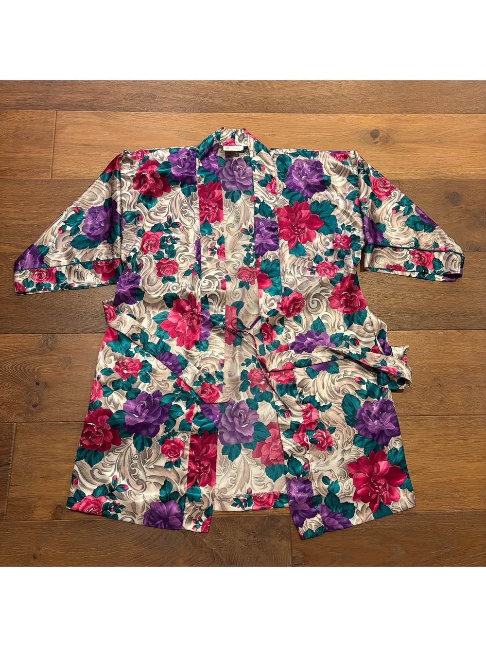 Vintage 80s 90s California Dynasty Satin Floral Robe, Small, Made in USA